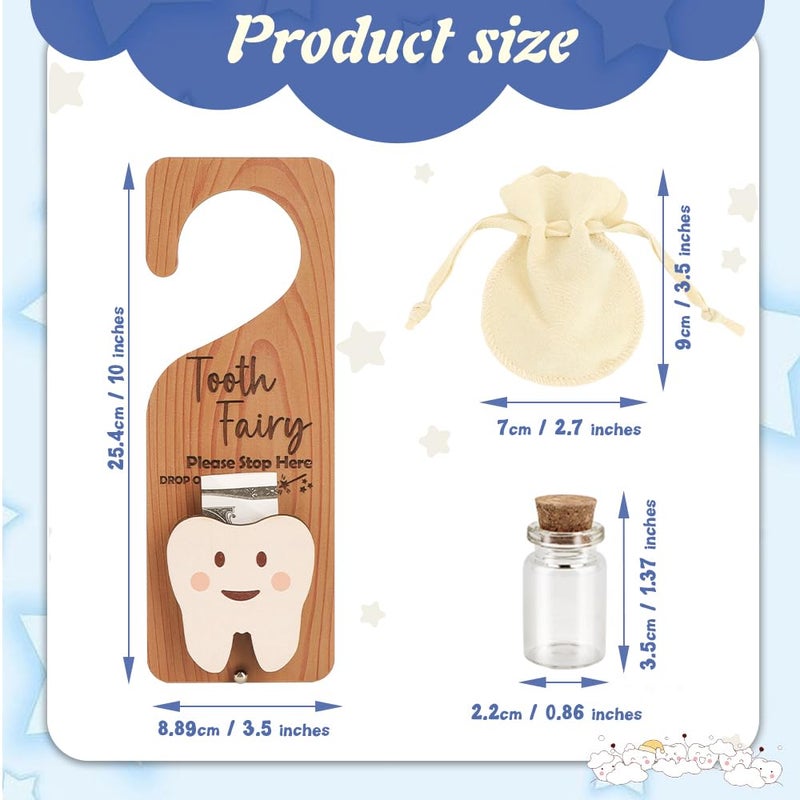 WALLFID 3Piece Set,Tooth Fairy Tooth Holder,Tooth Fairy Door Hanger,Keepsake Bottle & Velvet Bag for Lost Teeth,Encouraging Gift for Boys and Girls. (Wood Color) - Image 3